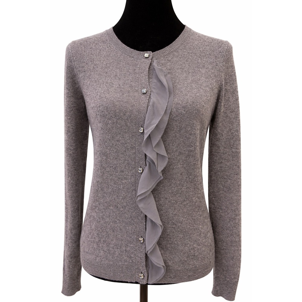 Ann Taylor‎ Womens Ruffle Front Crew Neck Cardigan Sweater Medium Gray Cashmere